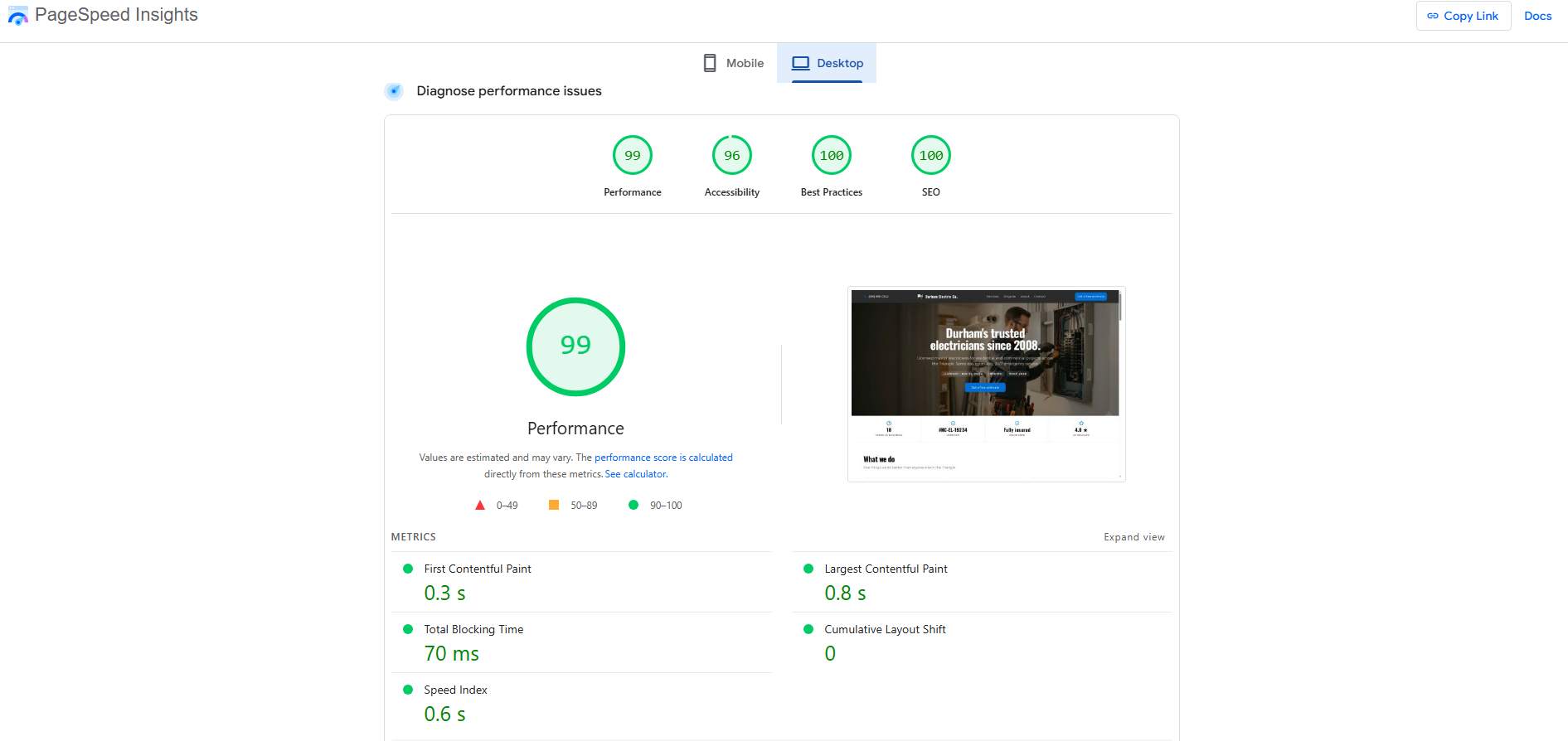 PageSpeed Insights desktop report — Performance 99, Accessibility 96, Best Practices 100, SEO 100