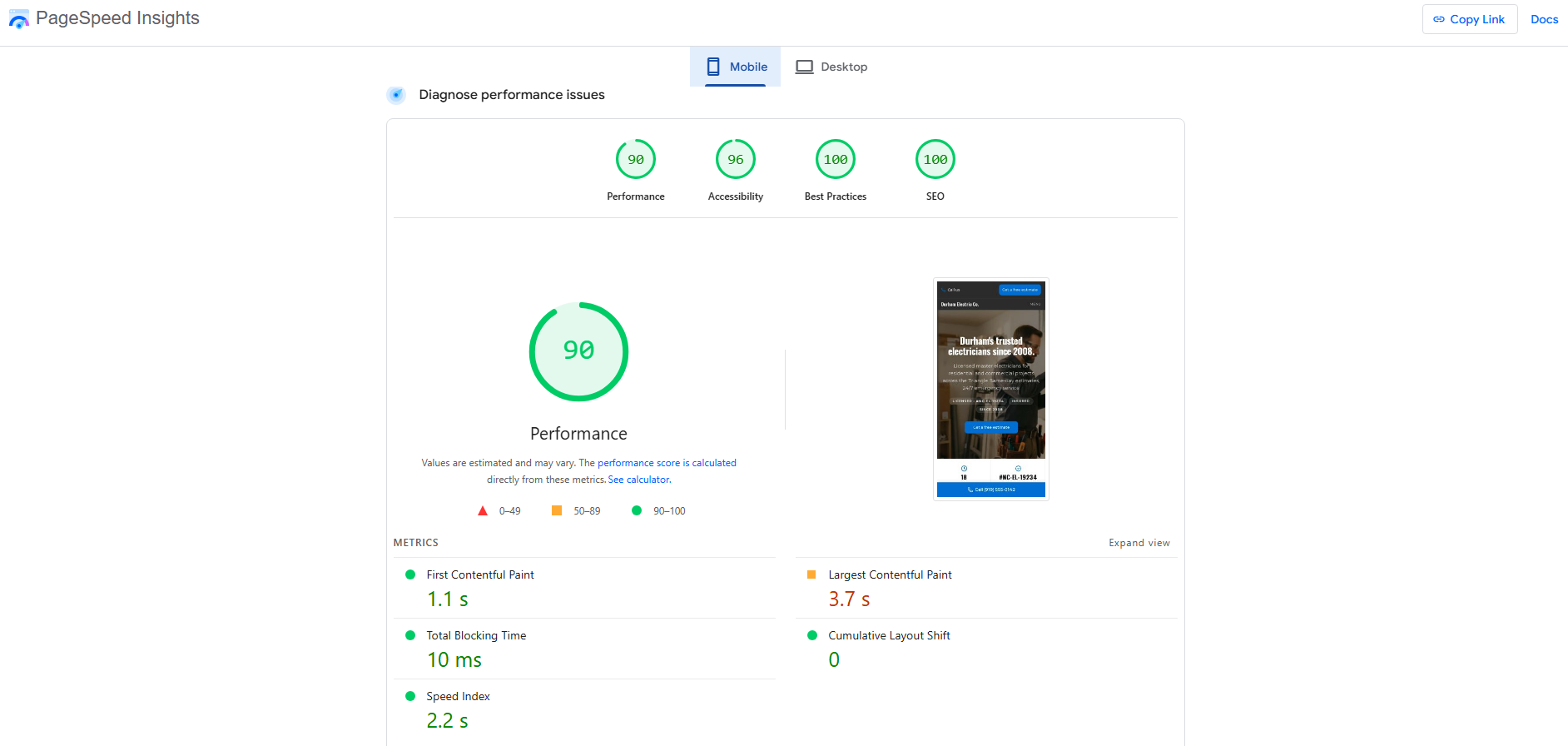 PageSpeed Insights mobile report — Performance 90, Accessibility 96, Best Practices 100, SEO 100